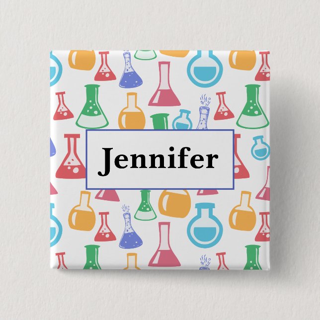 Beakers and Flasks Fun Science Pattern with a Name 2 Inch Square Button (Front)