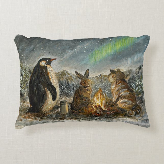 Beam Lingering Whimsical Aurora Animals Painting Accent Pillow (Front)