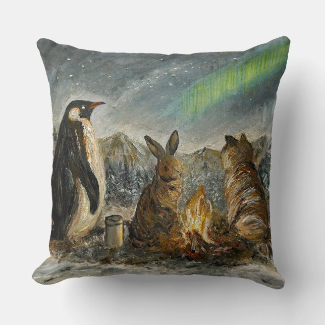 Beam Lingering Whimsical Aurora Animals Painting Throw Pillow (Front)