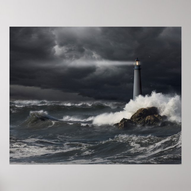 Beam of Light Shining into Stormy Ocean Poster (Front)