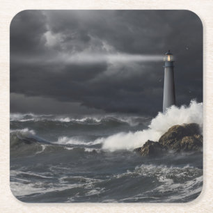 Beam of Light Shining into Stormy Ocean Square Paper Coaster