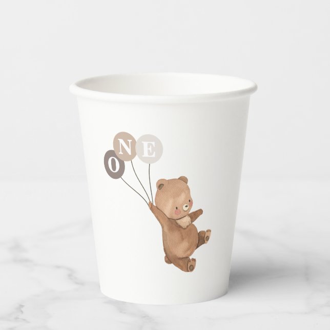 Bear 3 Brown Balloons 1st Birthday Paper Cups (Front)