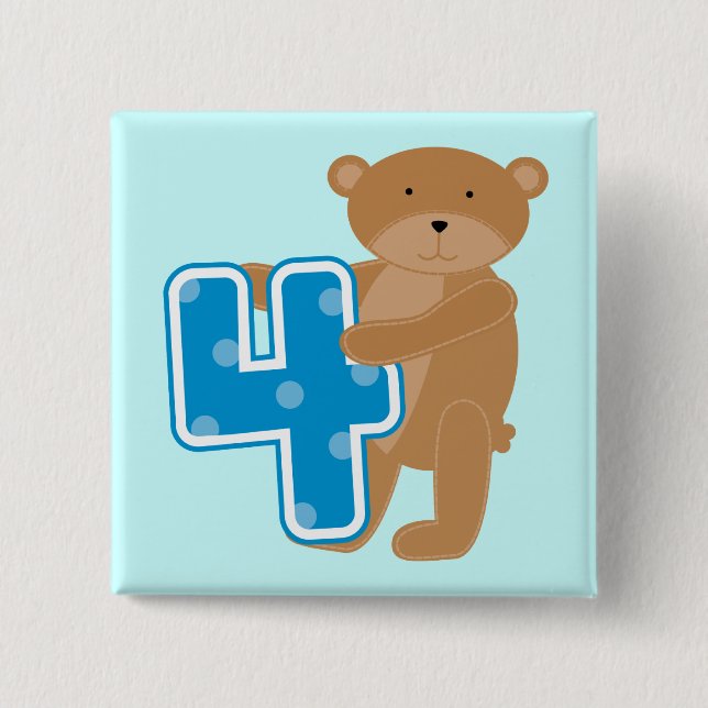 Bear 4th Birthday Tshirts and Gifts 2 Inch Square Button (Front)