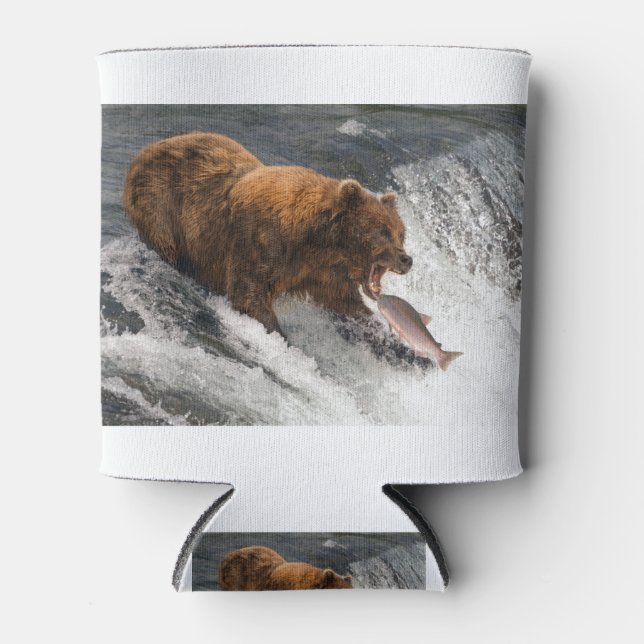 Bear about to catch salmon in mouth can cooler (Front)
