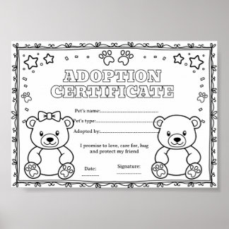 Bear adopt a pet colouring certificate poster