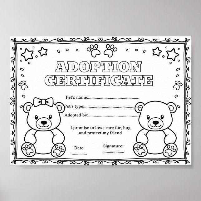 Bear adopt a pet colouring certificate poster (Front)