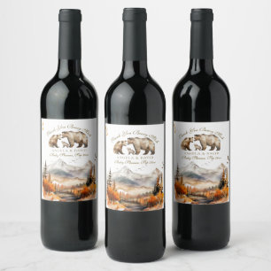 Bear Adventure Fall Mountain Neutral Baby Shower Wine Label
