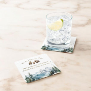 Bear Adventure Snowy Mountains Baby Shower Square Paper Coaster