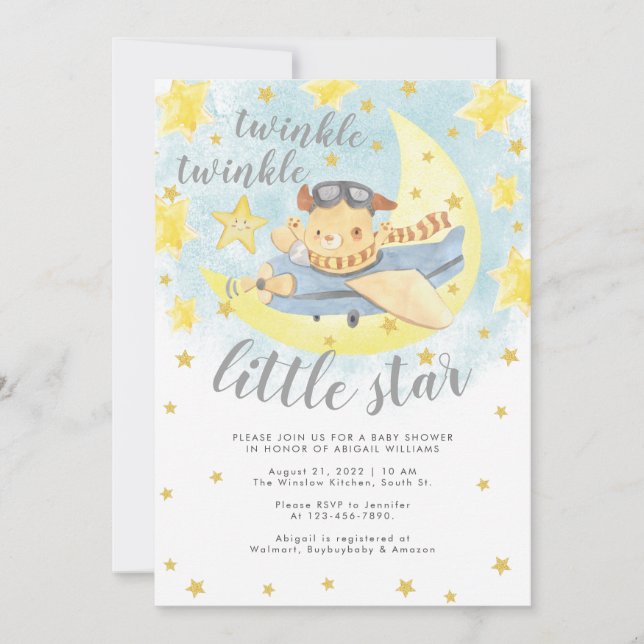 Bear Airplane Gold Twinkle Little Star Baby Shower Invitation (Front)