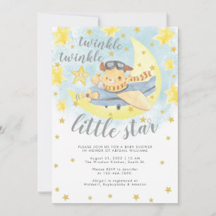 Bear Airplane Gold Twinkle Little Star Baby Shower Invitation