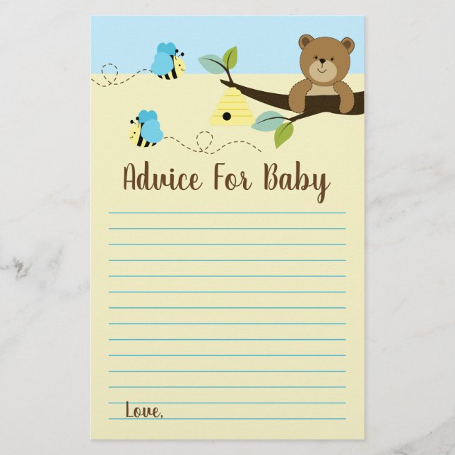 Bear and Bumble Bee Boy Baby shower Conseils Carte (Devant)