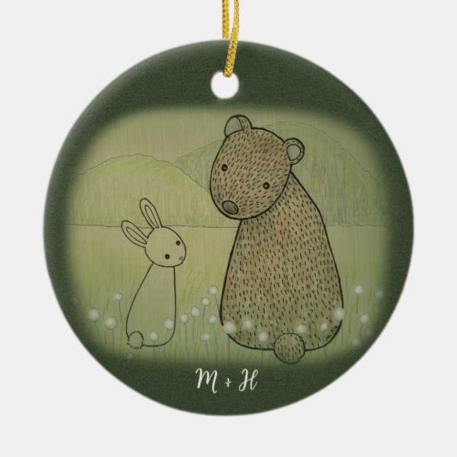 Bear and Bunny Couple First Christmas together  Ceramic Ornament (Front)