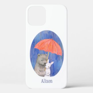 Bear and Bunny Couple Under Umbrella Custom Name