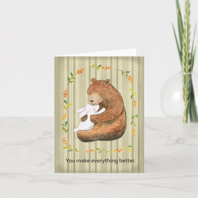 Bear and Bunny embracing Warm Sweet Anniversary   Card (Front)