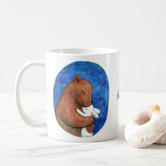 Bear and Bunny Hugging Anniversary Custom Name Coffee Mug (With Donut)