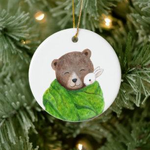 Bear and Bunny in Big Green Blanket Custom Name Ceramic Ornament