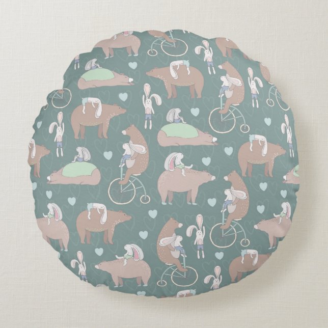 Bear and Bunny Round Pillow (Front)