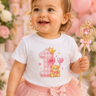Bear and Chequered One 1st Birthday Baby T-Shirt