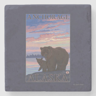 Bear and Cub - Anchorage, Alaska Stone Coaster