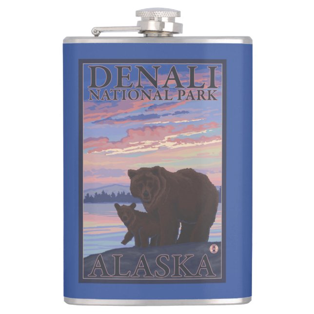 Bear and Cub - Denali National Park, Alaska Hip Flask (Front)
