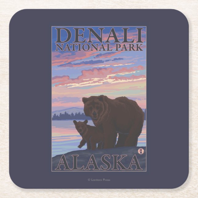 Bear and Cub - Denali National Park, Alaska Square Paper Coaster (Front)