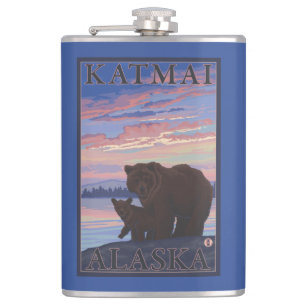 Bear and Cub - Katmai, Alaska Hip Flask