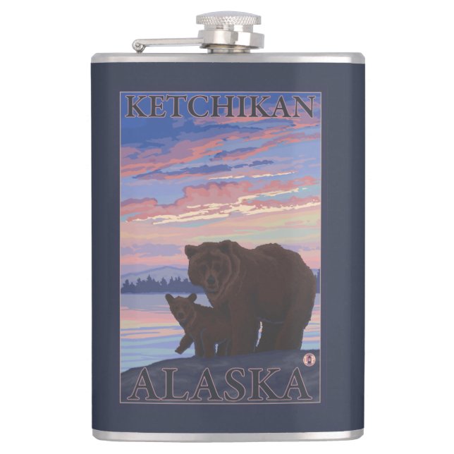 Bear and Cub - Ketchikan, Alaska Hip Flask (Front)