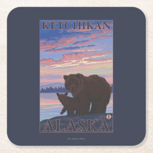 Bear and Cub - Ketchikan, Alaska Square Paper Coaster