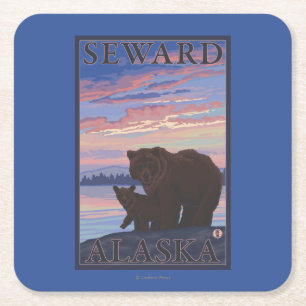 Bear and Cub - Seward, Alaska Square Paper Coaster
