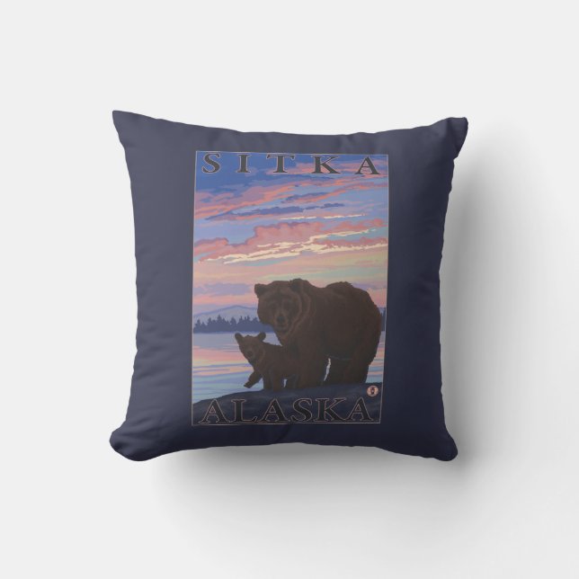 Bear and Cub - Sitka, Alaska Throw Pillow (Front)