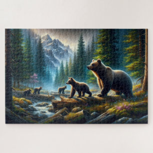 Bear and Cubs Adventure, Forested Mountain Jigsaw Puzzle