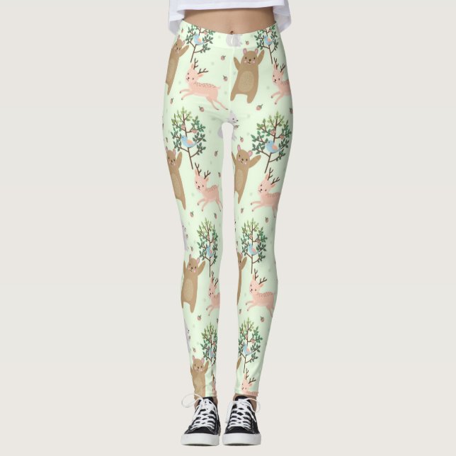Bear And Deer Woodland Pattern Leggings (Front)