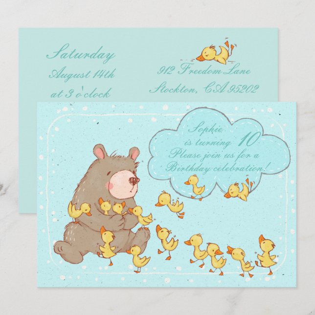 Bear and Ducklings Children Birthday Invitation (Front/Back)