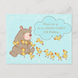 Bear and Ducklings Children Birthday Invitation Postcard