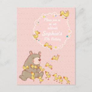 Bear and Ducklings Children Birthday Invitation Postcard