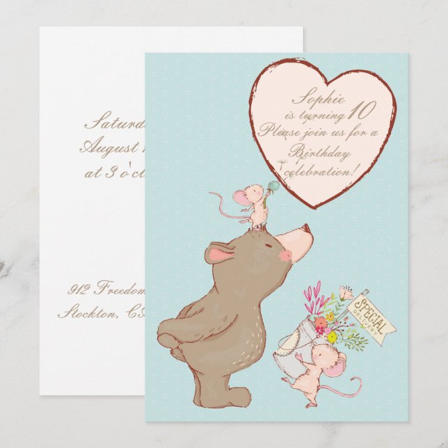 Bear and Mouse Children Birthday Invitation (Front/Back)