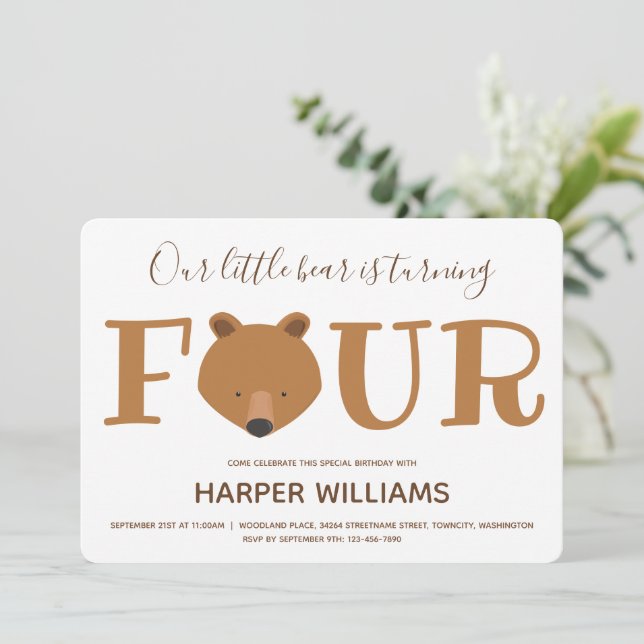 Bear Animal Kids Fourth Birthday Invitation (Standing Front)