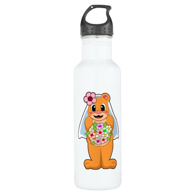 Bear as Bride with Flowers 710 Ml Water Bottle (Front)
