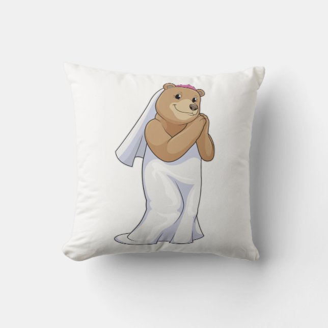 Bear as Bride with Veil Throw Pillow (Front)