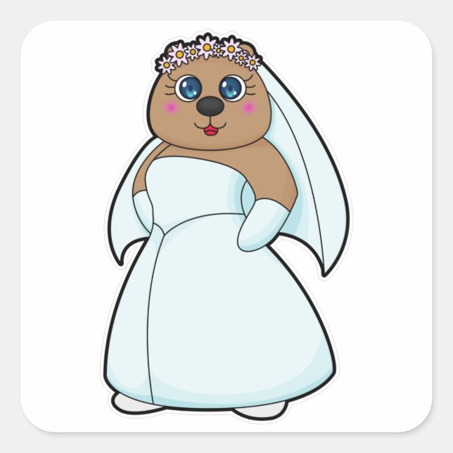 Bear as Bride with Wreath of Flowers Square Sticker (Front)