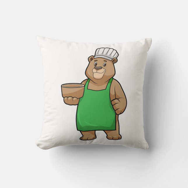Bear as Cook with Cooking apron & Bowl Throw Pillow (Front)