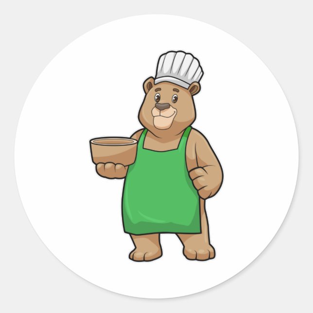 Bear as Cook with Cooking apron & Wooden bowl Classic Round Sticker (Front)