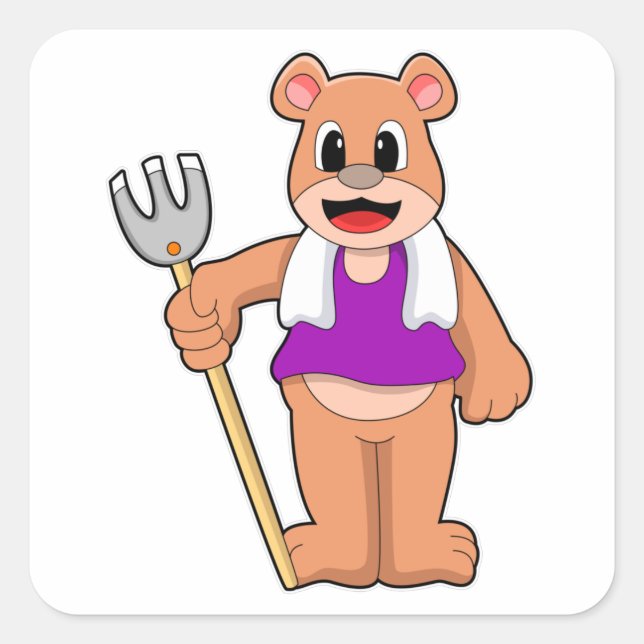 Bear as Farmer with Rake Square Sticker (Front)