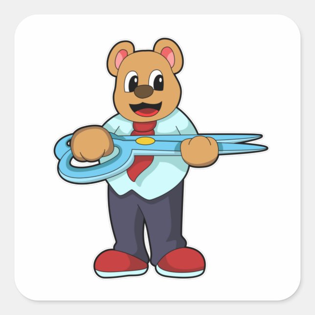 Bear as Hairdresser with Scissors Square Sticker (Front)