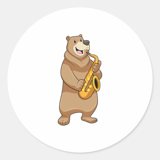 Bear as Musician with Saxophone Classic Round Sticker (Front)