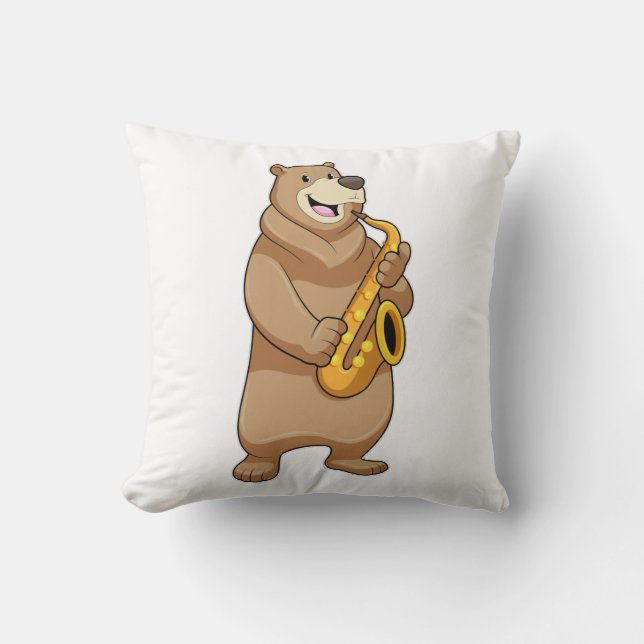 Bear as Musician with Saxophone Throw Pillow (Front)