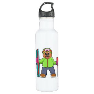 Bear as Skier with Ski & Ski poles 710 Ml Water Bottle