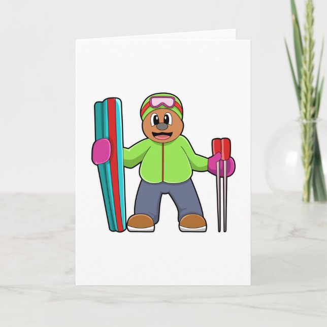 Bear as Skier with Ski & Ski poles Card (Front)