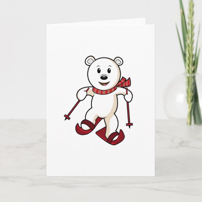 Bear as Skier with Skis & Ski poles Card (Front)
