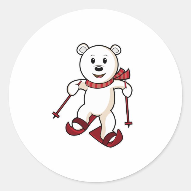 Bear as Skier with Skis & Ski poles Classic Round Sticker (Front)